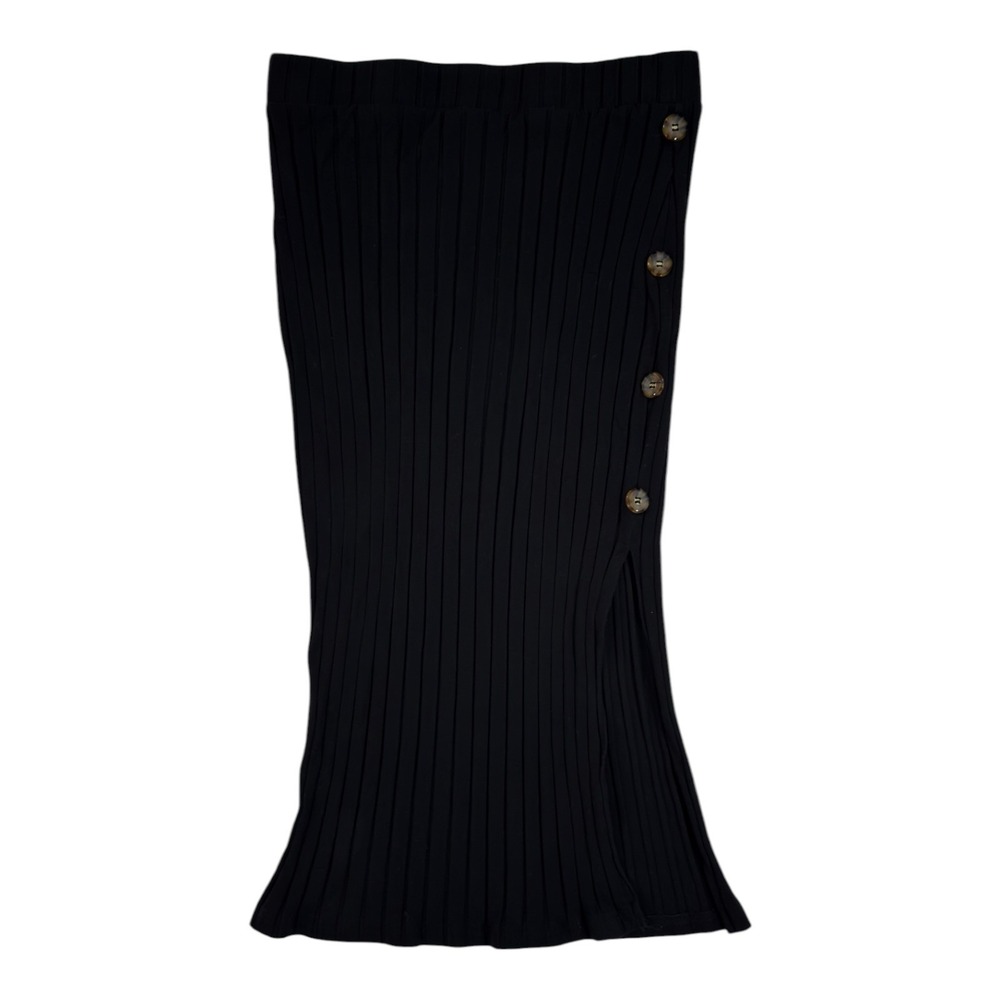 Shein Ribbed Knit Midi Skirt L Black Button Side Slit Dark Academia Office Chic